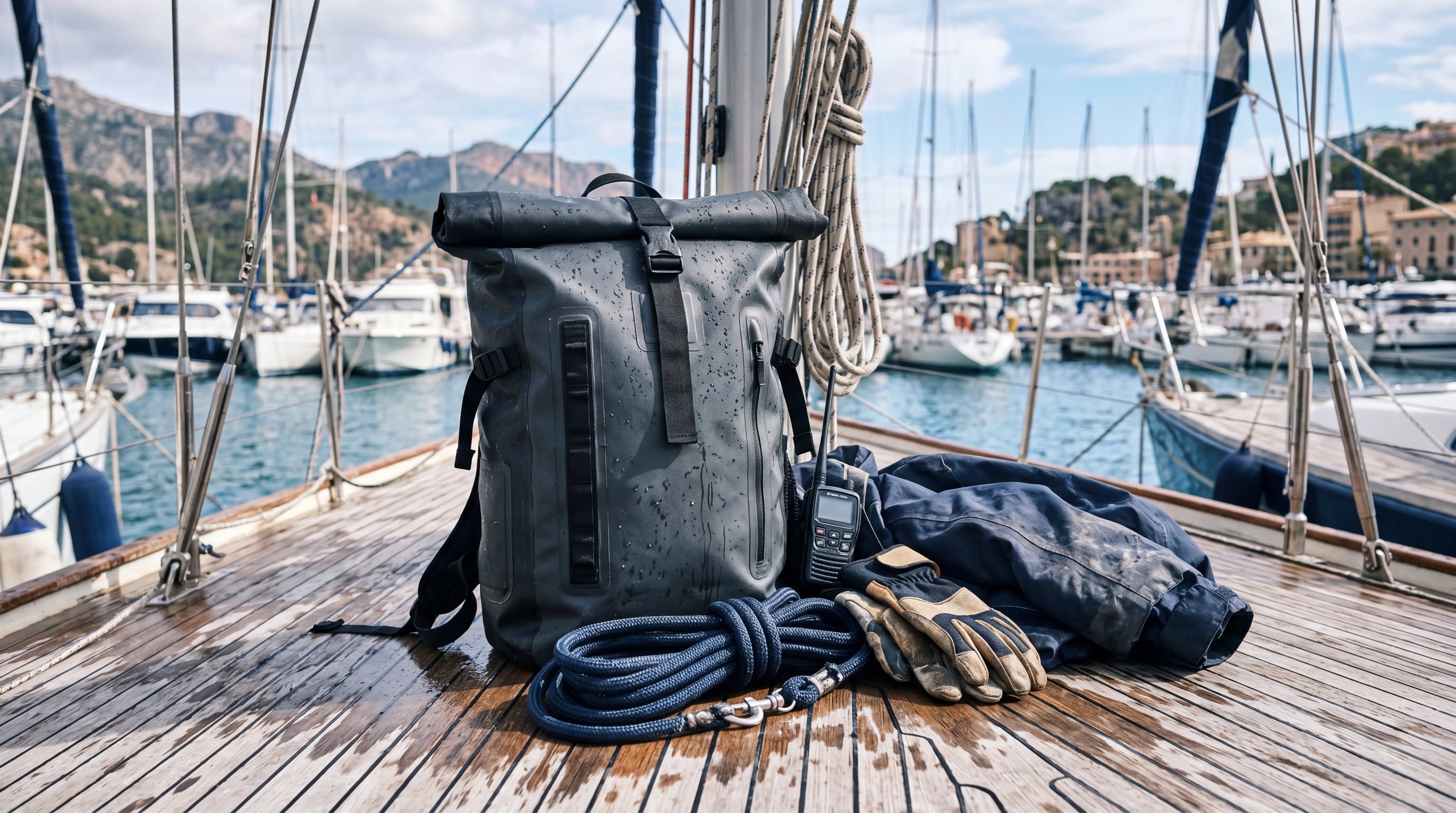 Mochila técnica junto a material náutico en una cubierta de barco, con ambiente real de puerto y salpicaduras de agua.