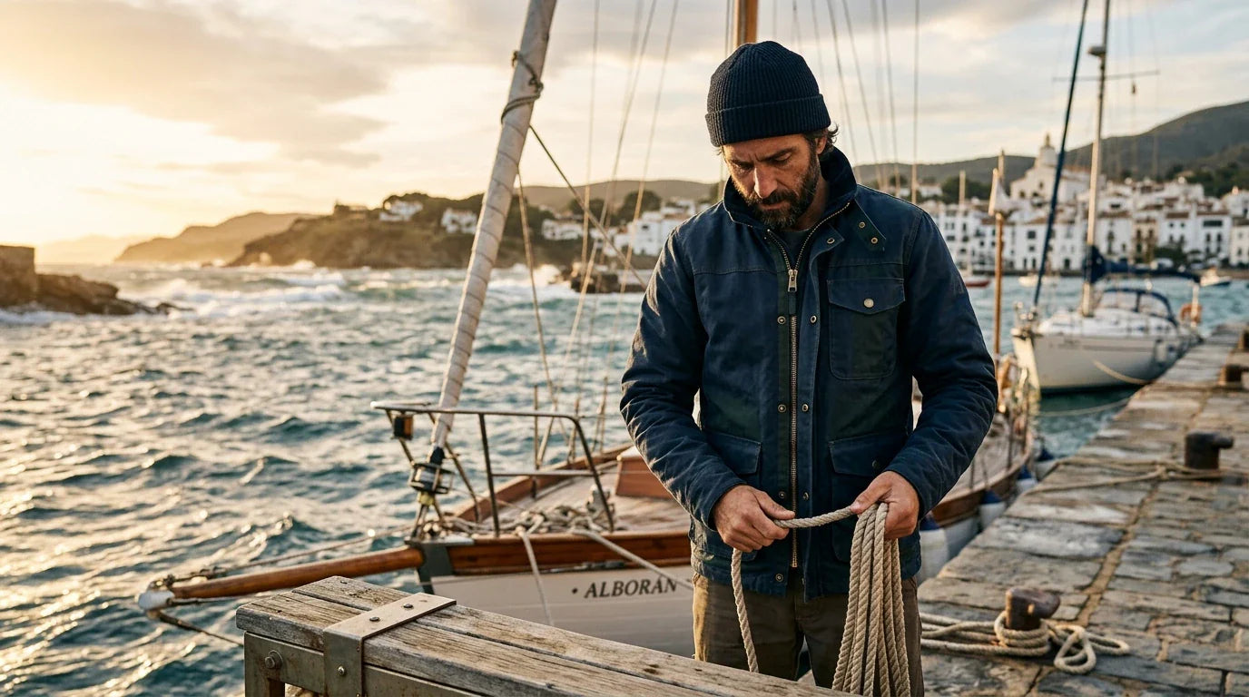 Un aficionado a la vela prepara la salida en un puerto español con el mar de fondo, llevando una chaqueta náutica tipo H de tejido técnico.