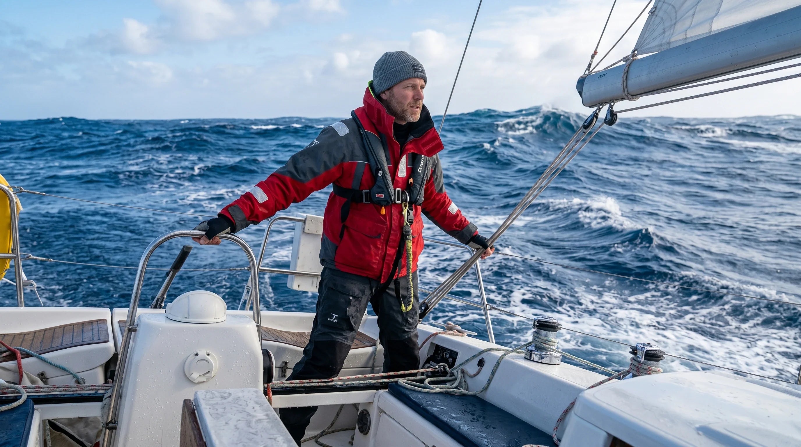 Un navegante con ropa técnica en cubierta mientras el barco se mueve con mar de fondo y algo de spray.