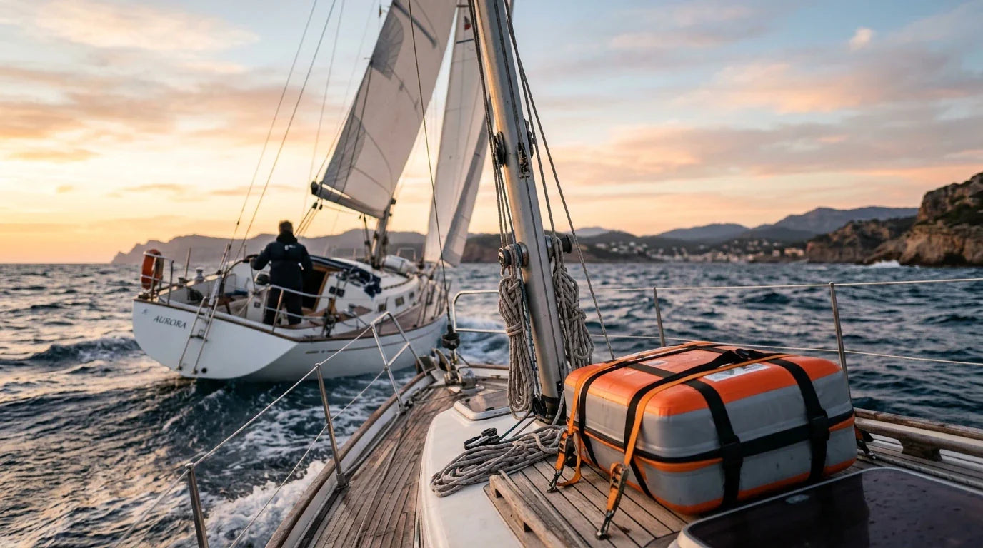 Bote auxiliar de seguridad preparado en cubierta, con un velero navegando en agua movida al atardecer