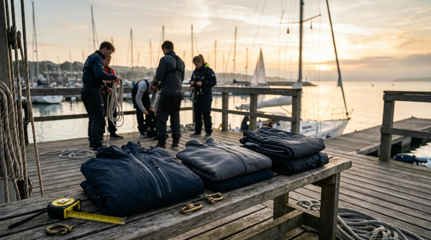 Prendas técnicas de navegación colocadas para una práctica de vela en un ambiente editorial y marinero