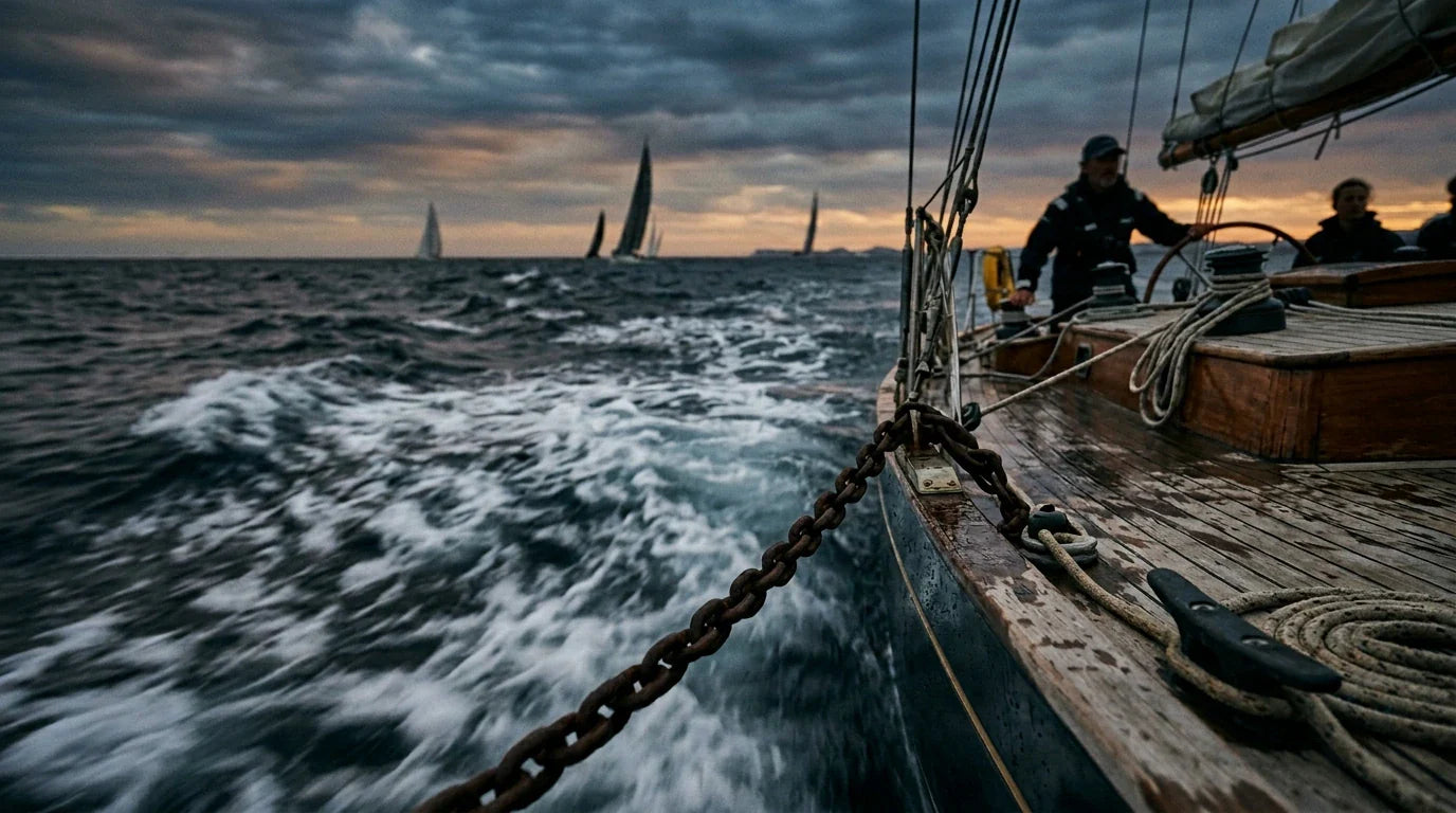 Primer plano editorial de una cadena de ancla en la cubierta, con el oleaje y el viento de una regata al fondo.