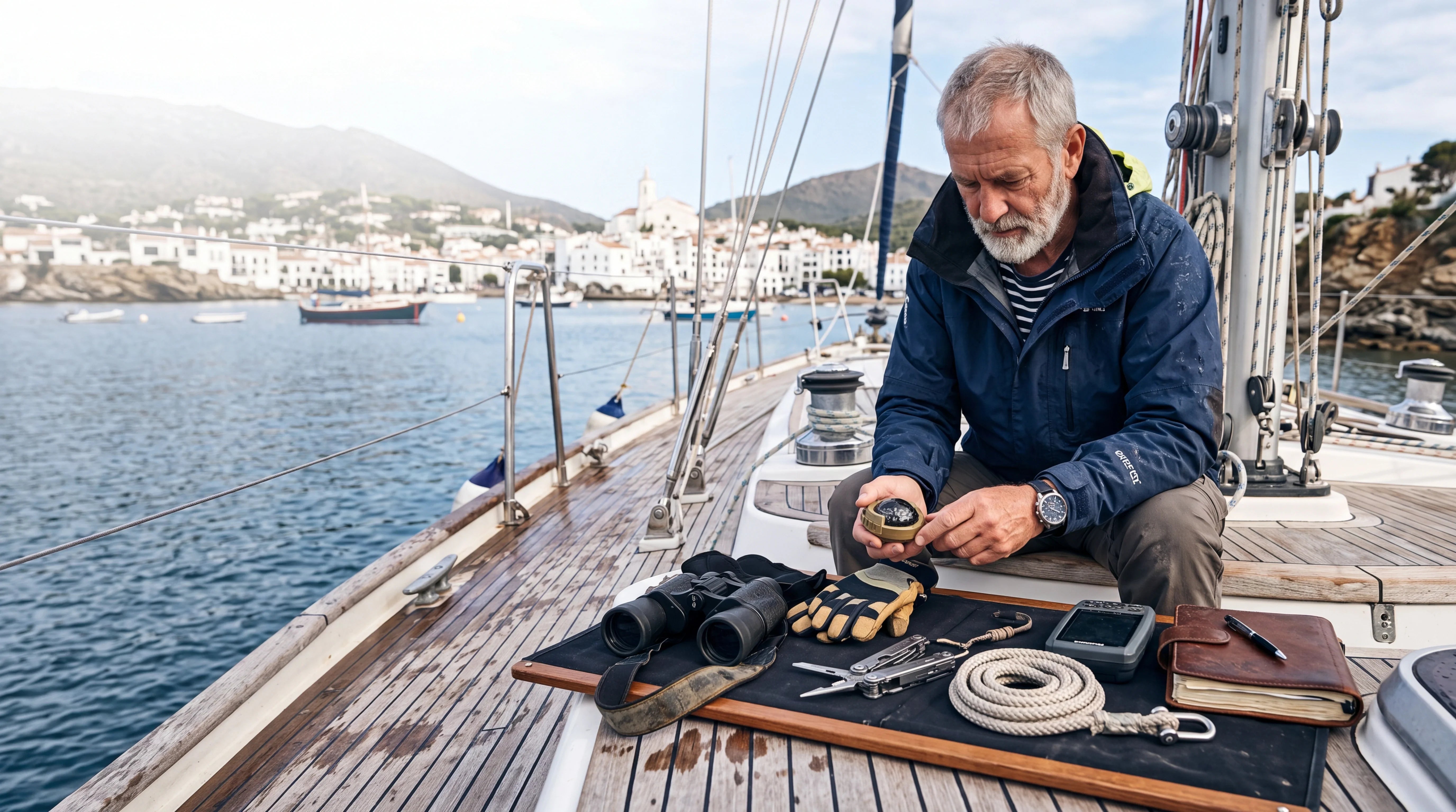 Un patrón revisa accesorios náuticos premium en la cubierta de un velero, con ambiente real de mar y humedad.