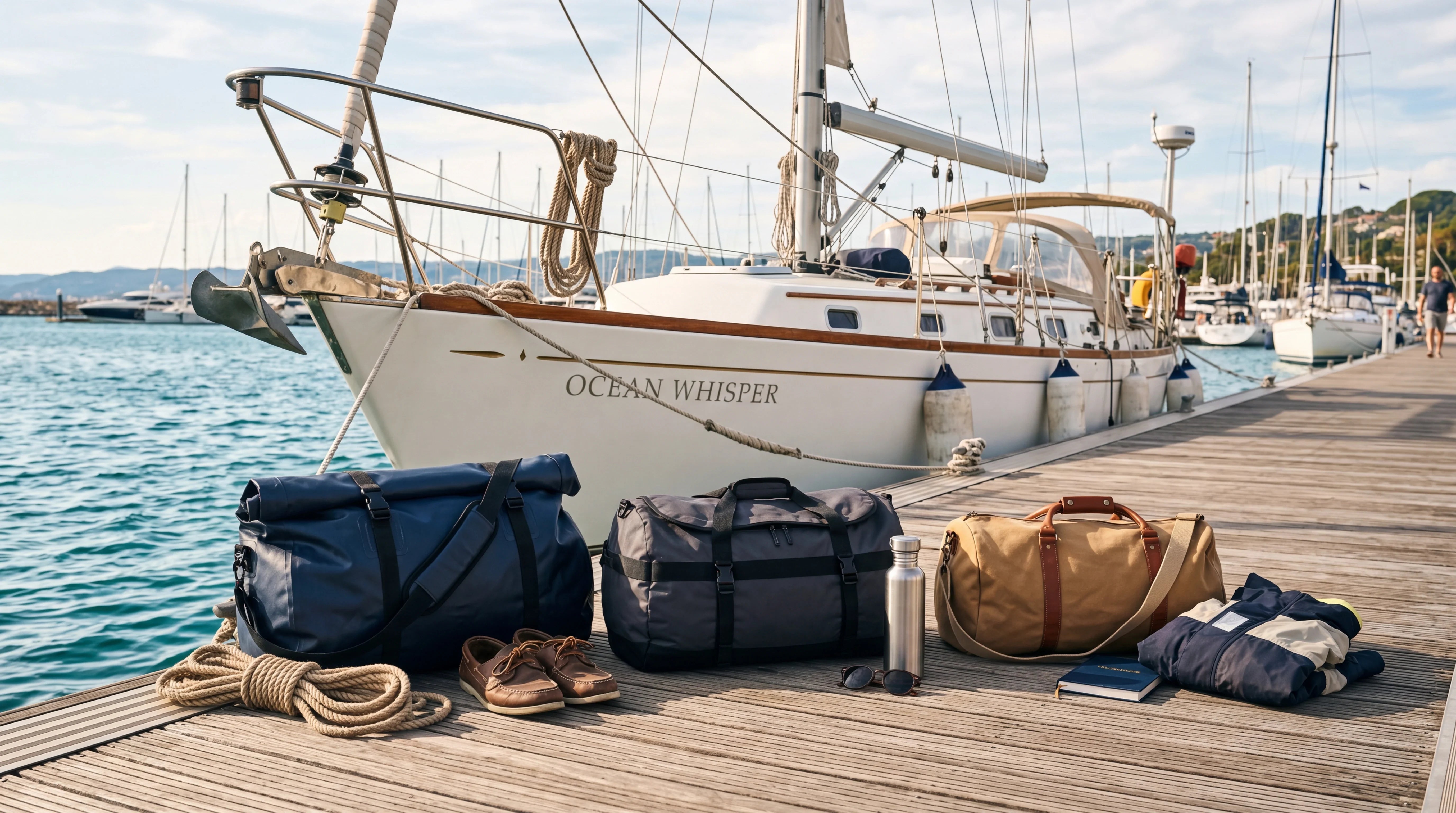 Varias bolsas de viaje náuticas junto a un barco en un pantalán, con ambiente marino y aspecto comparativo.