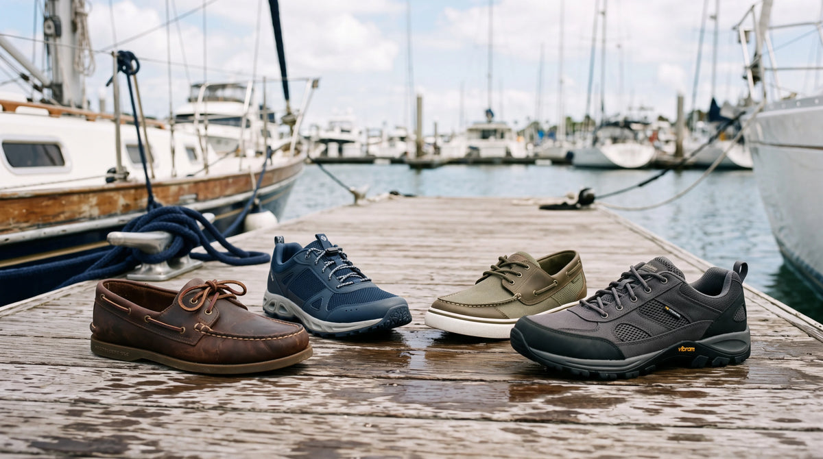 Varios zapatos náuticos de hombre sobre una cubierta de barco, en una escena realista y comparativa.