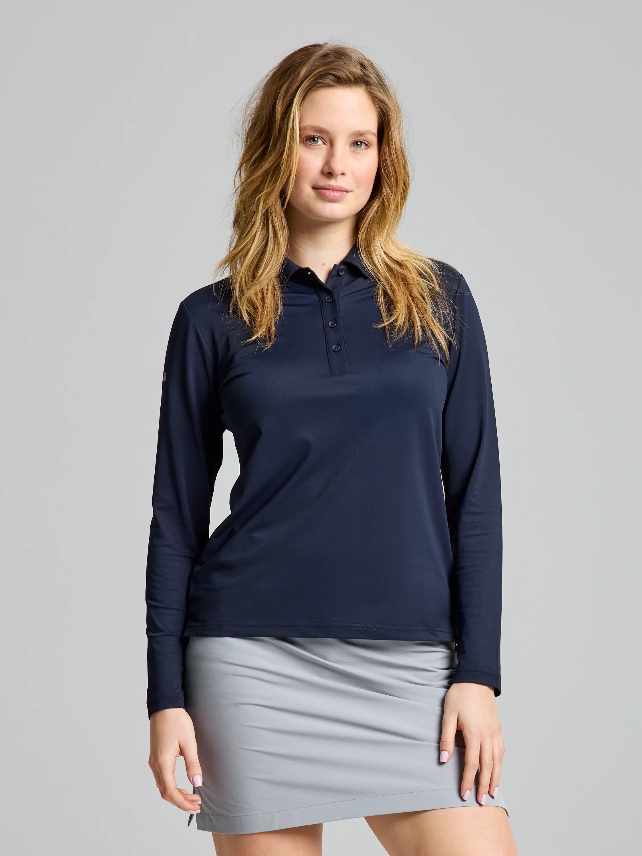 Polo técnico mujer manga larga – UPF50, secado rápido Azul Marino