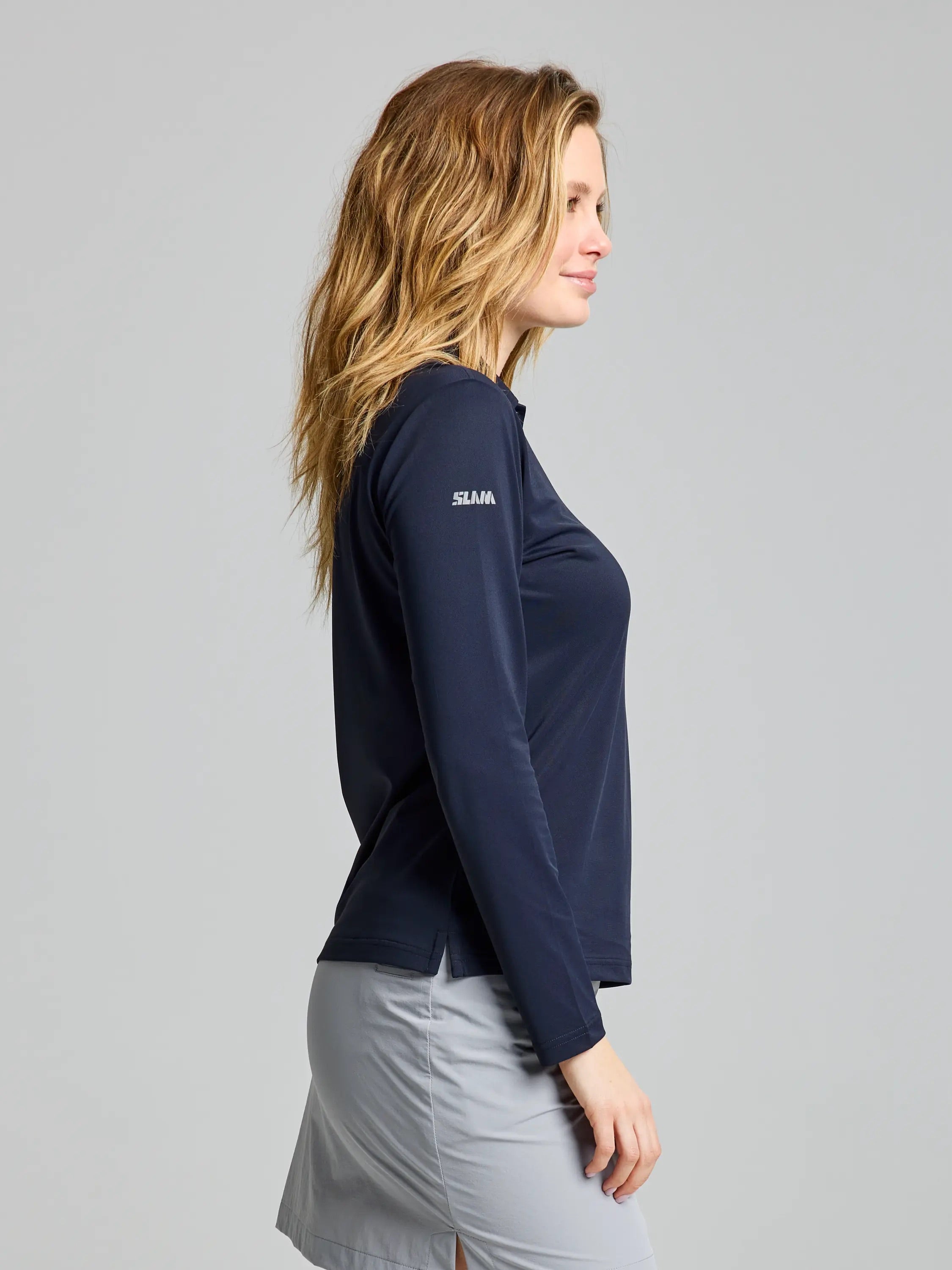 Polo técnico mujer manga larga – UPF50, secado rápido Azul Marino