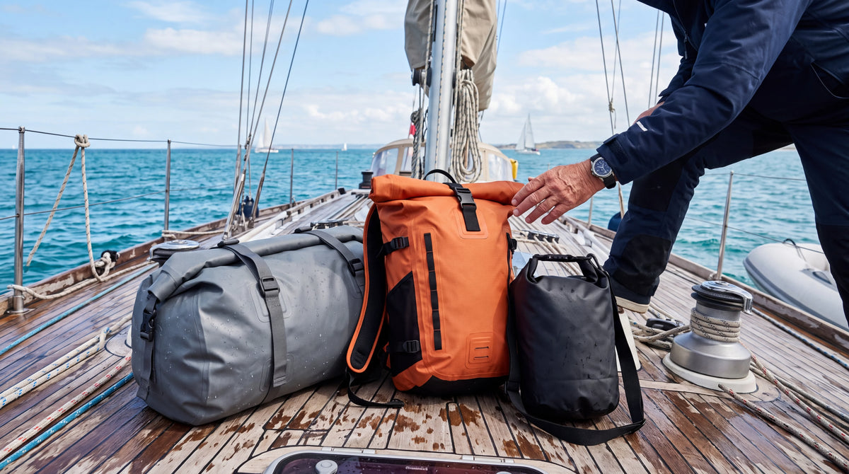 Tres bolsas impermeables de distintos tamaños sobre la cubierta de un velero, junto a una mano revisando el cierre, en una escena náutica realista.
