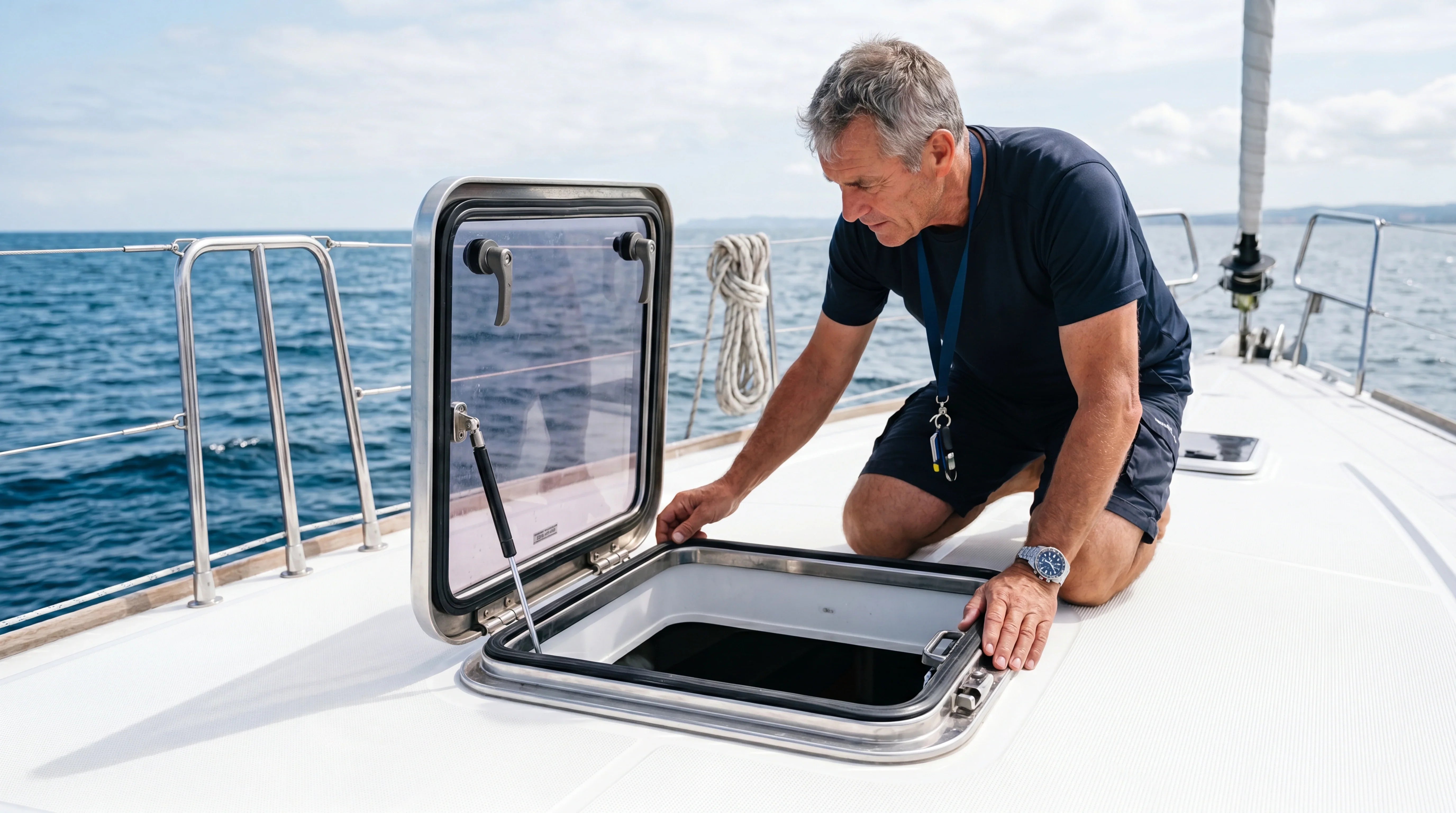 Una escotilla de cubierta en un barco con un patrón revisando detalles técnicos antes de comprarla.