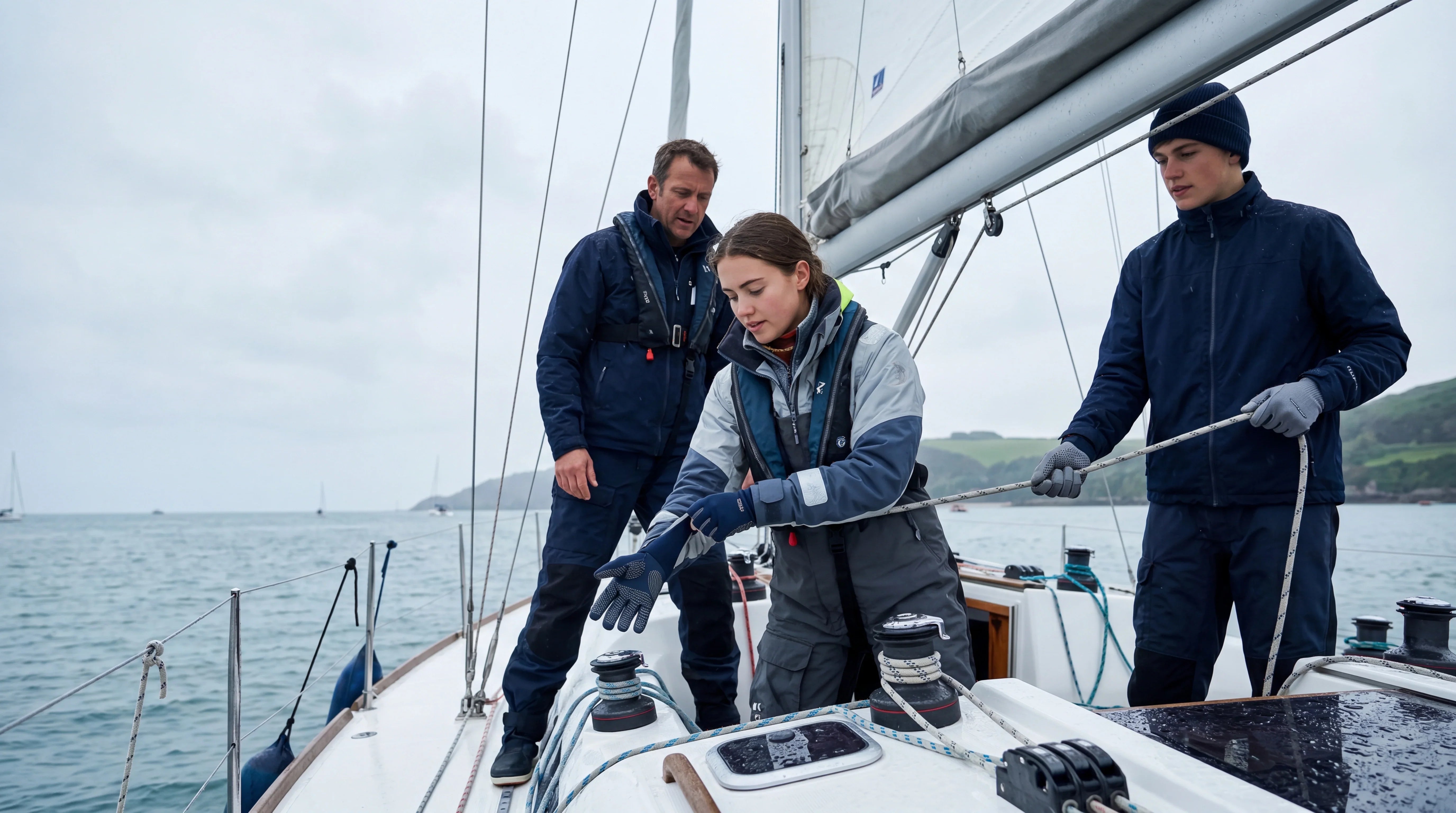 Grupo de alumnos y monitor en una embarcación de vela, con ropa técnica para condiciones de humedad y viento.