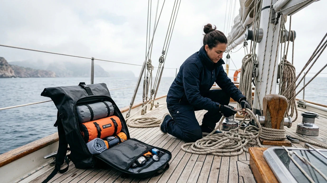 Tripulación en cubierta de un velero organizando el equipo con una mochila impermeable junto al horizonte del mar