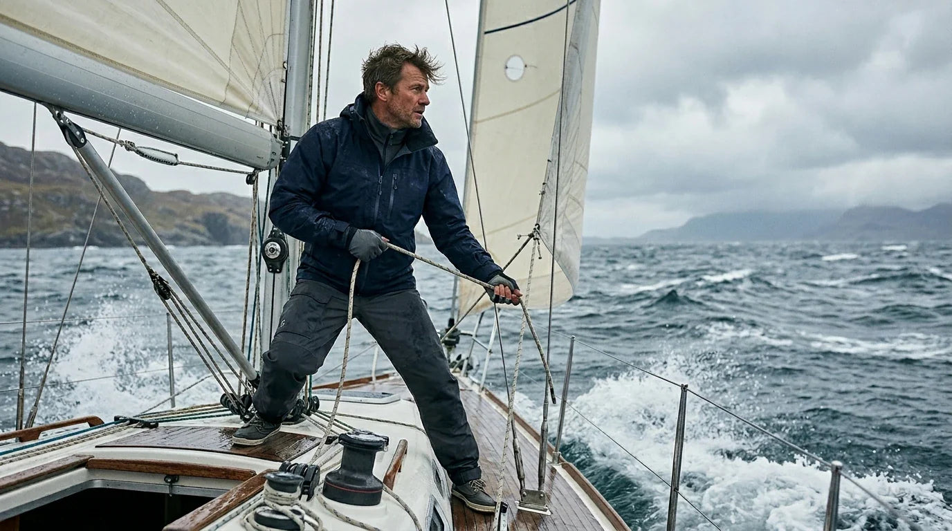 Un navegante con ropa técnica en la cubierta de un velero, con viento y salpicaduras de mar.