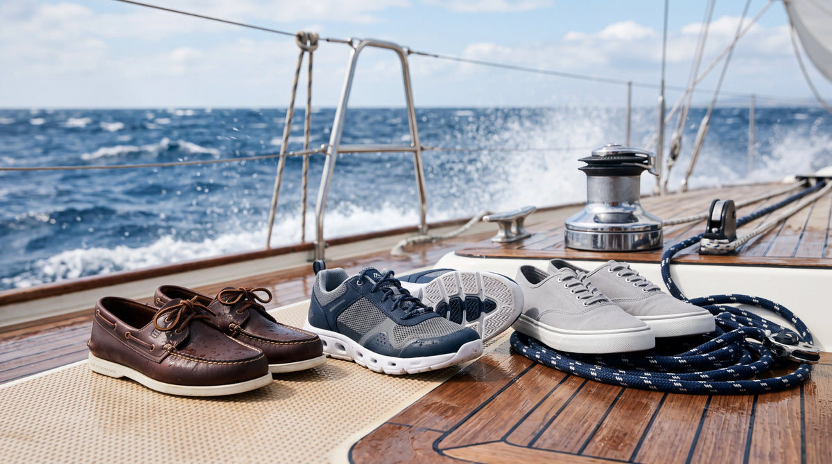 Guía visual sobre cómo elegir zapatos náuticos, con varios modelos sobre una cubierta mojada junto al mar.
