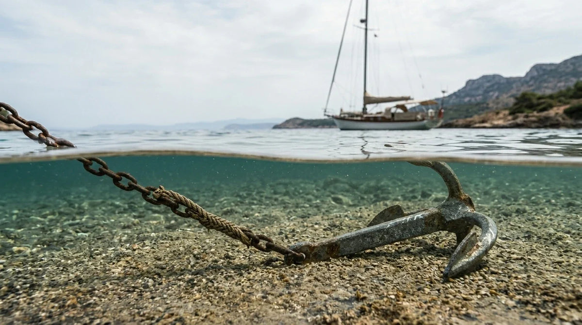Vista editorial de una cadena y ancla lista para el fondeo, con agua en calma y reflejos sobre el mar, en un entorno de vela premium