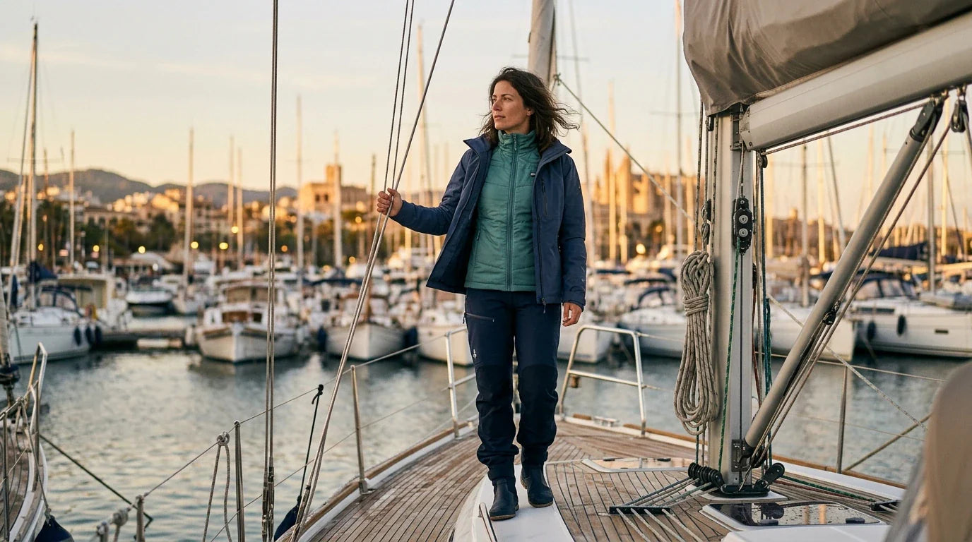 Navegación a vela con ropa técnica náutica en capas, con viento y humedad insinuados en el ambiente marino