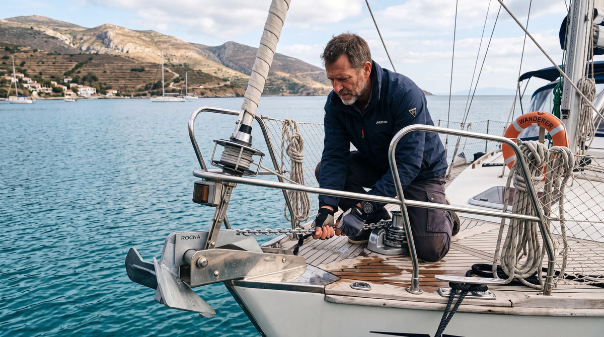 Un patrón revisa el ancla y la cadena en la proa de un velero fondeado junto a la costa.