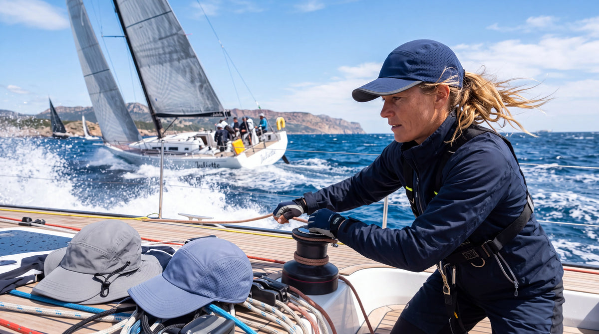 Un regatista con gorra técnica a bordo bajo el sol, con el mar y el viento de fondo.