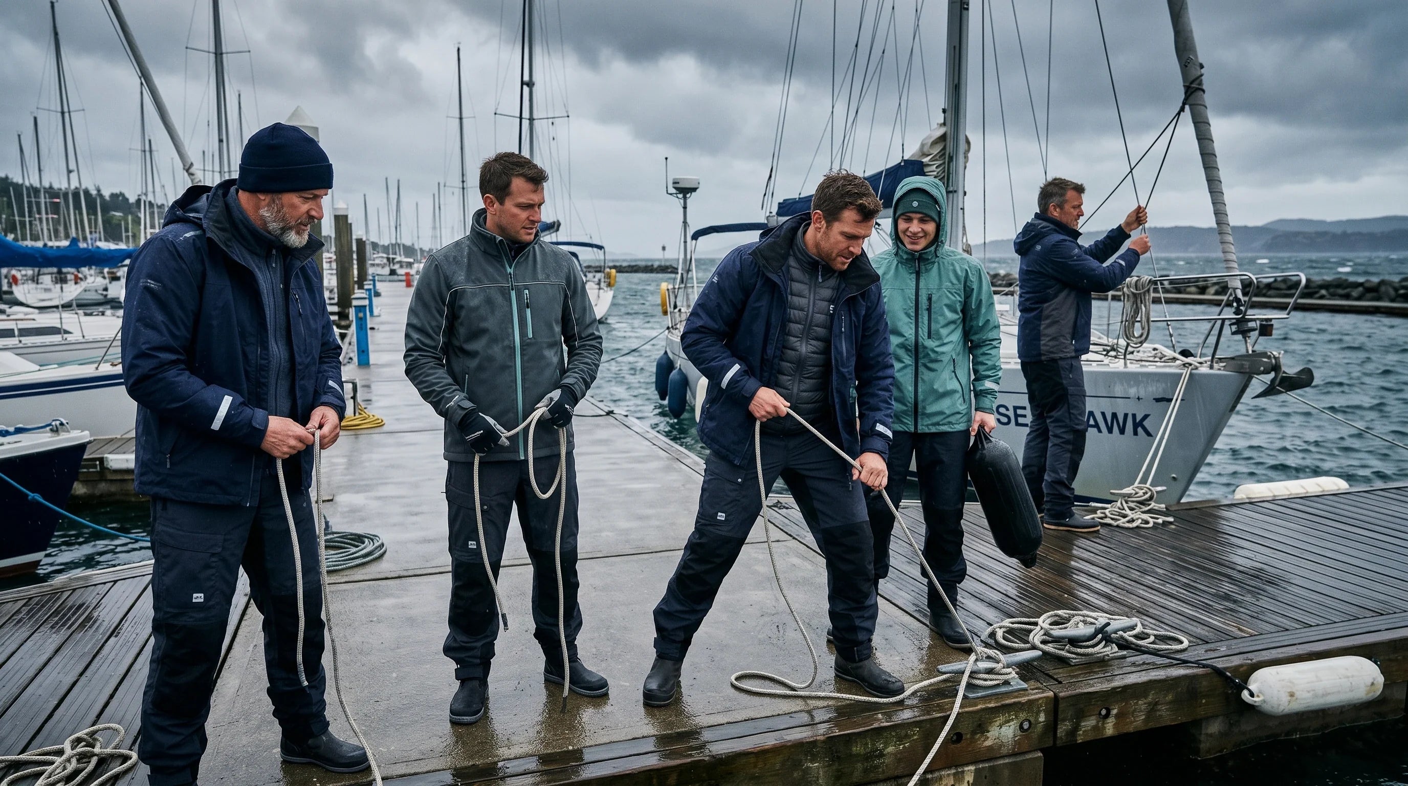 Tripulación de vela con ropa técnica en capas sobre el pantalán, mar y viento al fondo, reflejando necesidades de cortaviento e impermeabilidad para navegación y entretiempo.