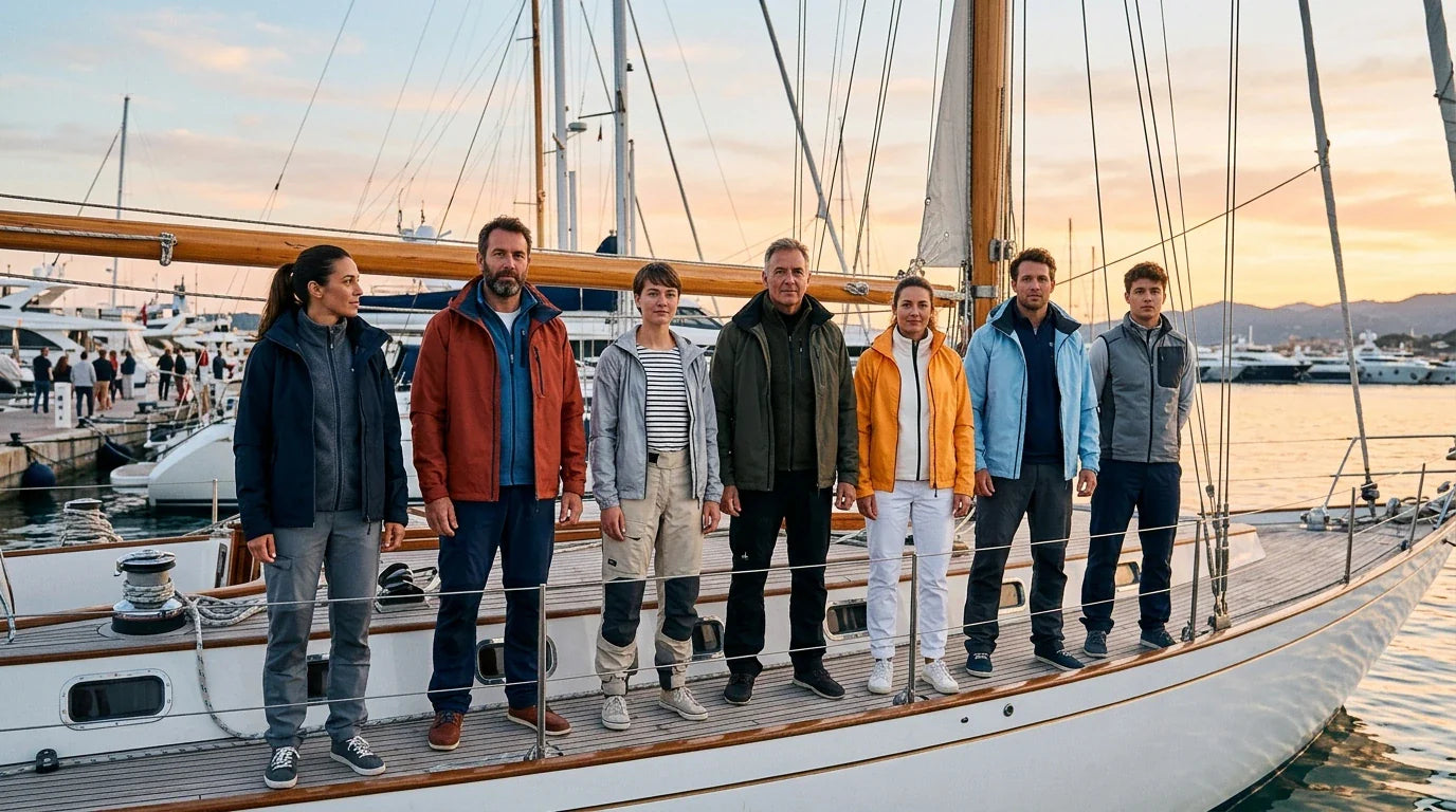 Equipo náutico con vestimenta por capas junto a un velero, mostrando opciones de ropa técnica y casual para distintos momentos de navegación