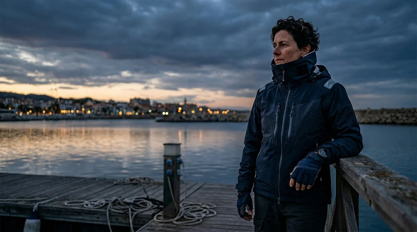 Persona con una chaqueta técnica náutica en un muelle al atardecer, con el viento marcando la escena y el detalle de la prenda como foco visual.