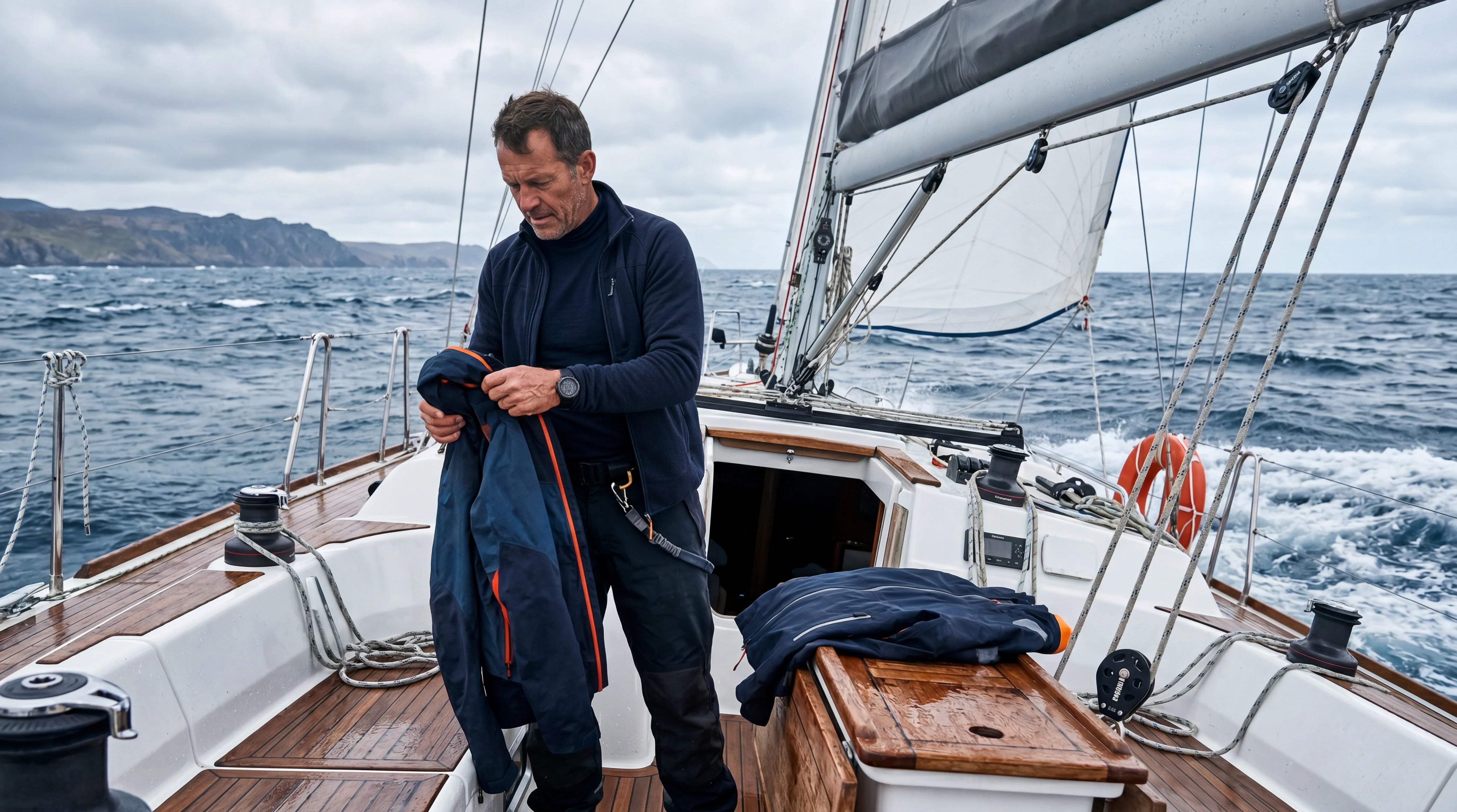 Un navegante con varias capas de ropa técnica a bordo de un velero, en una escena realista de viento y humedad.