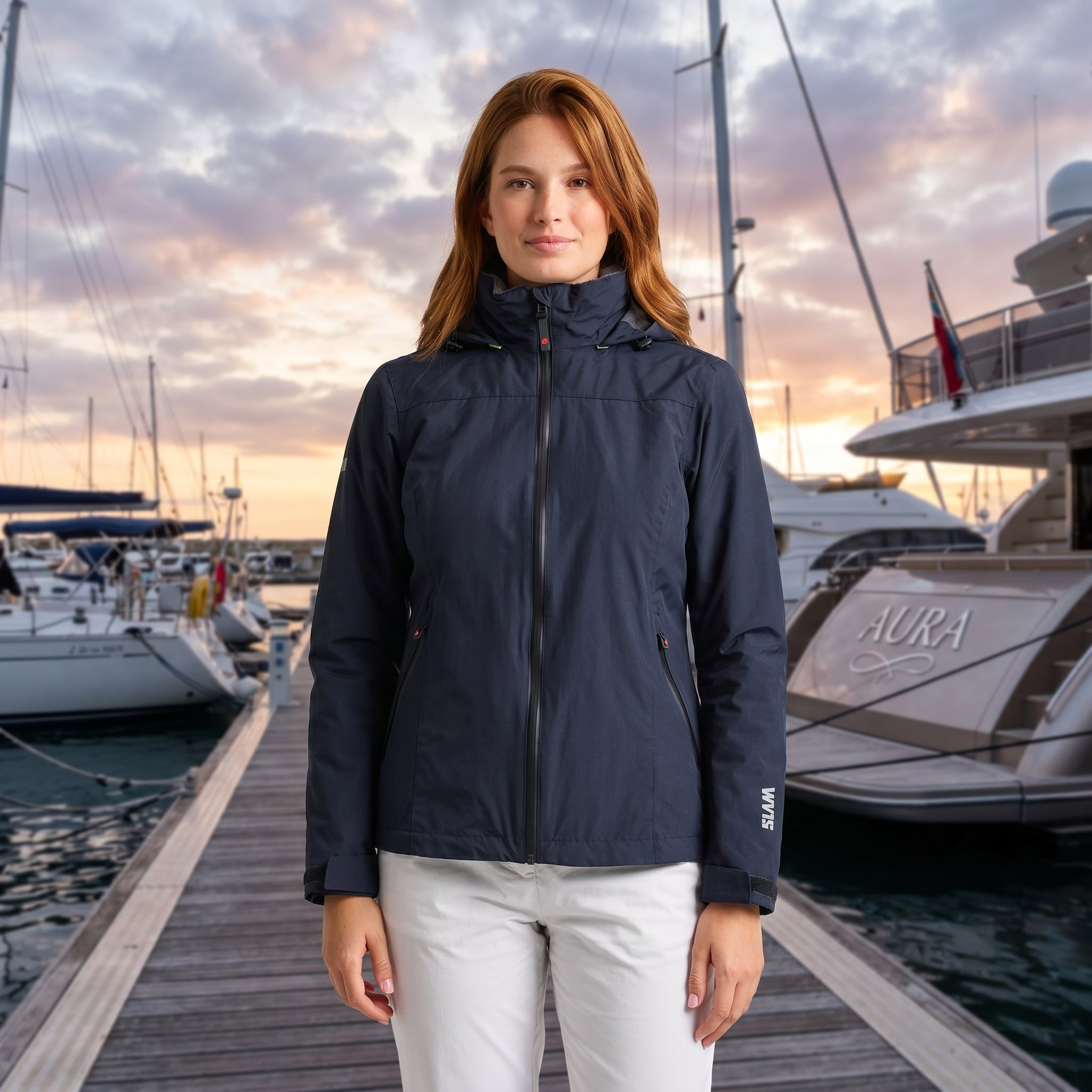 Chaqueta náutica impermeable cálida mujer con capucha azul marino SLAM